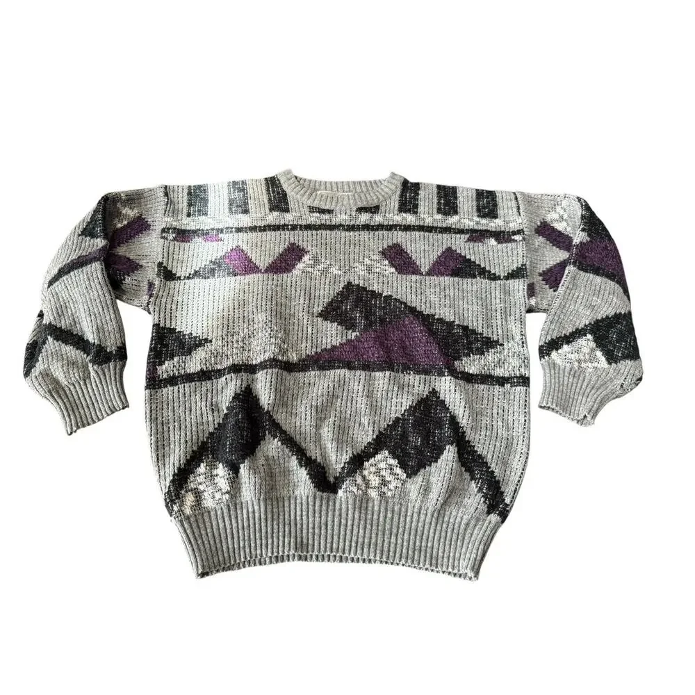 Method Mens Sweater Large Gray Purple Southwest Aztec Knit Vintage Pullover READ